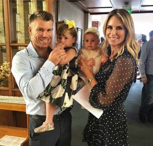 David Warner with his wife, Candice Falzon Warner and two children