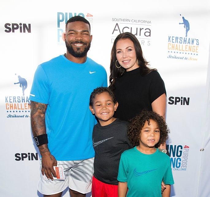 MLB player Howie Kendrick, his wife Jody Kendrick and their sons Owen Kendrick and Tyson Kendrick arrive at Clayton Kershaw's 4th Annual Ping Pong 4 Purpose Celebrity Tournament at Dodger Stadium on August 11, 2016 in Los Angeles, California