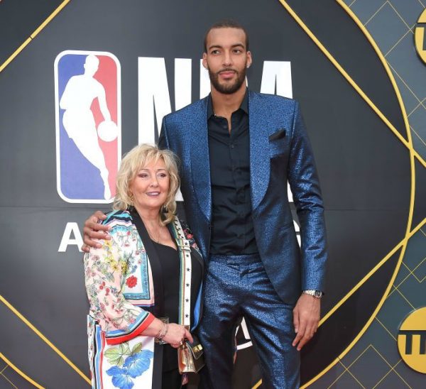 French basketball player Rudy Gobert and his mom Corinne Gobert arrive for the 2019 NBA Awards at Barker Hangar on June 24, 2019 in Santa Monica, California 