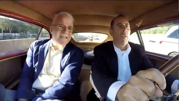 Caption: Steve Martin with friend in his car