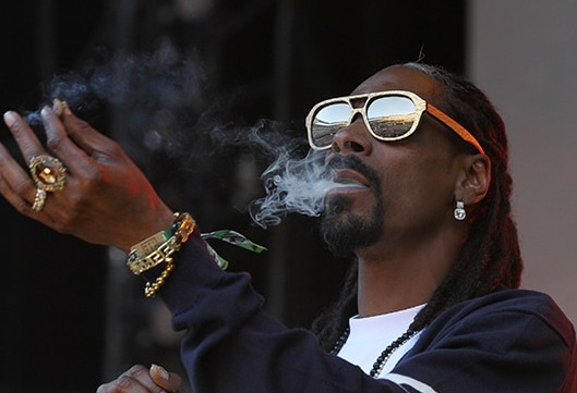 Snoop Dogg posing while smoking weed