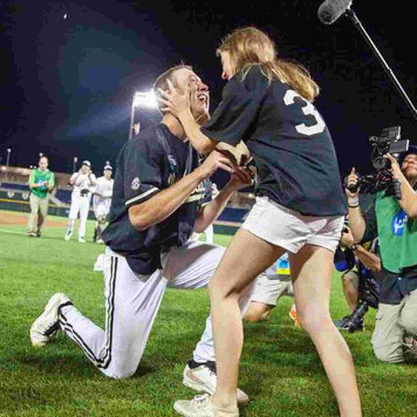 Brian Miller proposing Megan Bonds after winning the College World Series Championship
