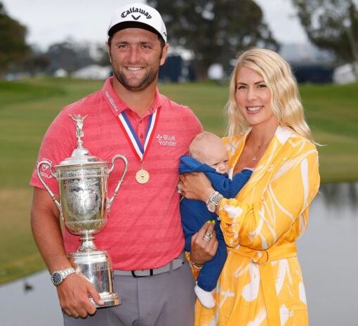 Jon Rahm with his wife Kelley Cahill and son