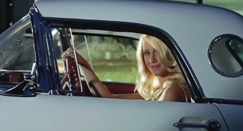 Suzanne Somers inside the car 